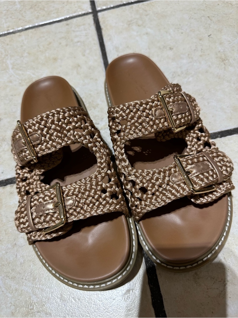 Universal Thread Woven Metallic Bronze Double-Buckle Slide Sandals
